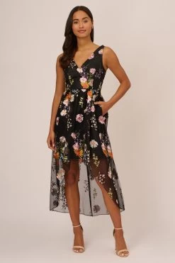 Adrianna Papell Embroidered High Low Black Dress