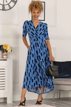 Jolie Moi Blue Quanna Stroke Print Jersey Maxi Dress