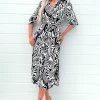 AX Paris Black And White Printed 3/4 Sleeve Belted Midi Shirt Dress -Fashion Women 275889s