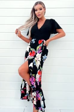 AX Paris Black Multi Floral Printed 2 In 1 Short Sleeve Frill Hem Midi Dress -Fashion Women 393677s3