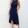 AX Paris Blue Gathered Midi Dress With Shoulder Pads -Fashion Women 429828s