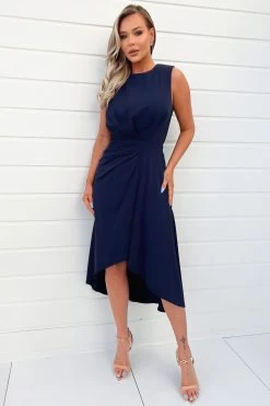 AX Paris Blue Gathered Midi Dress With Shoulder Pads
