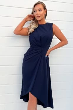 AX Paris Blue Gathered Midi Dress With Shoulder Pads -Fashion Women 429828s3