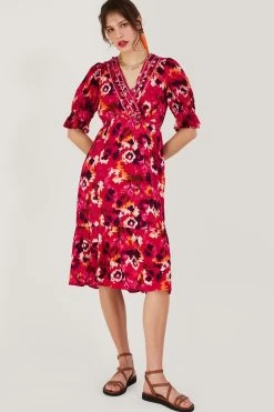 Monsoon Red Braided Neckline Print Midi Dress In LENZING™ ECOVERO™