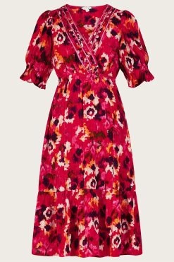 Monsoon Red Braided Neckline Print Midi Dress In LENZING™ ECOVERO™ -Fashion Women 430074s5