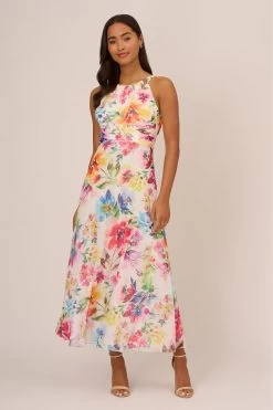 Adrianna Papell Floral Chiffon Halter White Dress