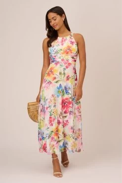 Adrianna Papell Floral Chiffon Halter White Dress -Fashion Women 468710s3