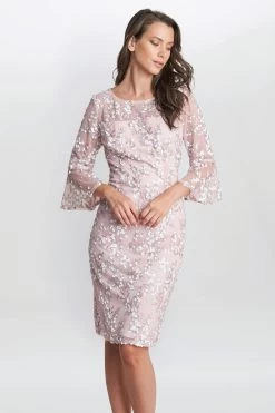 Gina Bacconi Pink Tanya Embroidered Lace Dress