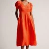 Ted Baker Orange Opalz Fit And Flare Puff Sleeve Midi Dress