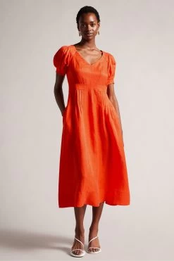 Ted Baker Orange Opalz Fit And Flare Puff Sleeve Midi Dress