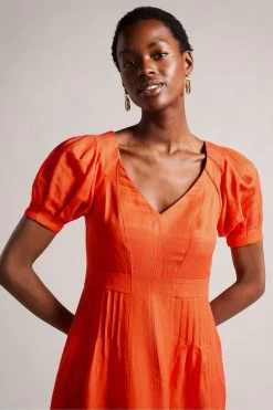 Ted Baker Orange Opalz Fit And Flare Puff Sleeve Midi Dress -Fashion Women 525 733s3