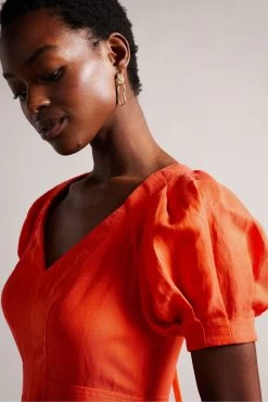 Ted Baker Orange Opalz Fit And Flare Puff Sleeve Midi Dress -Fashion Women 525 733s4