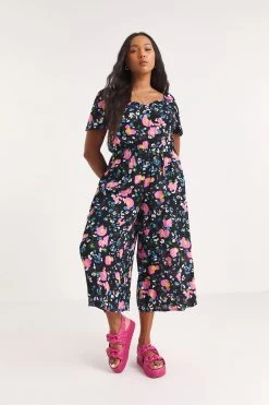 Simply Be Black Print Crinkle Sweetheart Jumpsuit