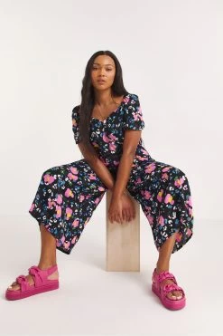 Simply Be Black Print Crinkle Sweetheart Jumpsuit -Fashion Women 574929s3