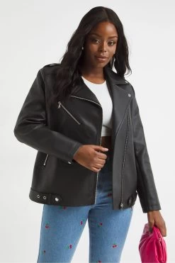 Simply Be Oversized Black Longline Pu Biker Jacket