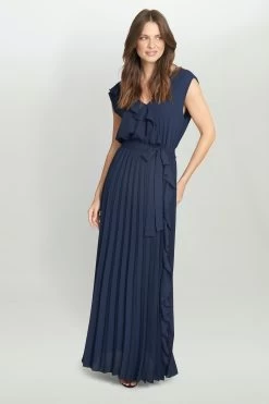 Gina Bacconi Blue Caprice Maxi Dress With Frill Detail And Pleat Skirt