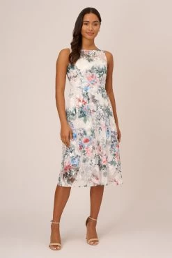 Adrianna Papell Floral Printed Veiled White Dress