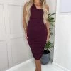AX Paris Purple Plum Shoulder Ruched Bodycon Midi Dress -Fashion Women 9007D9s