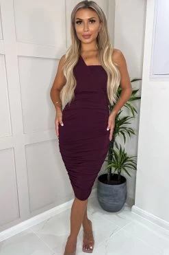 AX Paris Purple Plum Shoulder Ruched Bodycon Midi Dress -Fashion Women 9007D9s3
