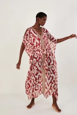 Monsoon Red Ikat Print Tie Maxi Kaftan