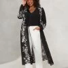 Live Unlimited Curve - Black Floral Placement Print Longline Kimono With Drawstring Waist -Fashion Women 927697s