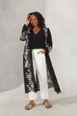 Live Unlimited Curve - Black Floral Placement Print Longline Kimono With Drawstring Waist