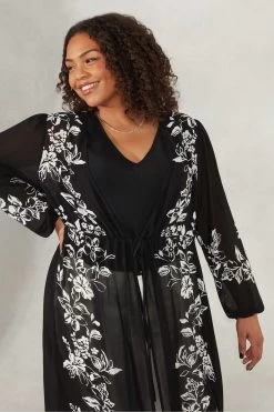 Live Unlimited Curve - Black Floral Placement Print Longline Kimono With Drawstring Waist -Fashion Women 927697s4