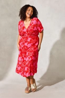 Live Unlimited Curve Pink Blurred Floral Print Shirred Waist Dress