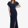Gina Bacconi Blue Sharla V-Neck Two Tiered Top Long Crepe Gown -Fashion Women 971131s