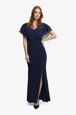 Gina Bacconi Blue Sharla V-Neck Two Tiered Top Long Crepe Gown