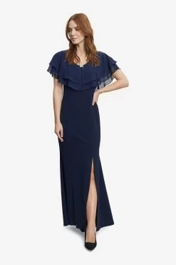 Gina Bacconi Blue Sharla V-Neck Two Tiered Top Long Crepe Gown -Fashion Women 971131s3