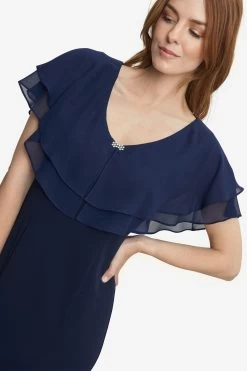 Gina Bacconi Blue Sharla V-Neck Two Tiered Top Long Crepe Gown -Fashion Women 971131s4