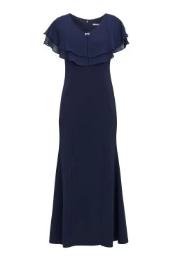 Gina Bacconi Blue Sharla V-Neck Two Tiered Top Long Crepe Gown -Fashion Women 971131s5