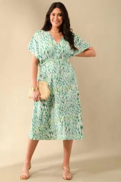 Live Unlimited Curve Green Animal Print Shirred Waist Dress