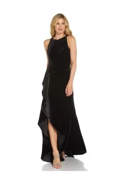 Adrianna Papell Womens Black Velvet Cascade Gown -Fashion Women A65165s3