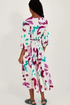 Monsoon Cream Abstract Brushstroke Print Shirred Midi Dress In Sustainable Cotton -Fashion Women A70132s2