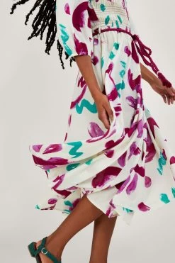 Monsoon Cream Abstract Brushstroke Print Shirred Midi Dress In Sustainable Cotton -Fashion Women A70132s3