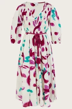 Monsoon Cream Abstract Brushstroke Print Shirred Midi Dress In Sustainable Cotton -Fashion Women A70132s4