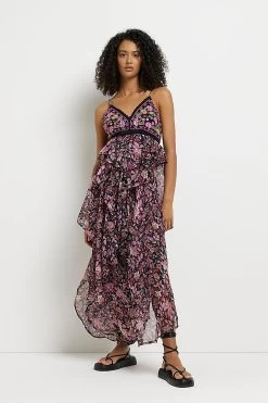 River Island Ruffle Midi Black Dress