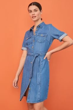 Next Mid Blue Utility Detail TENCEL™ Tie Waist Mini Dress