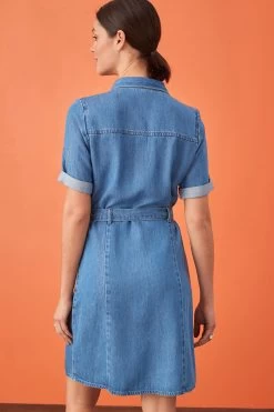 Next Mid Blue Utility Detail TENCEL™ Tie Waist Mini Dress -Fashion Women C07 251s3