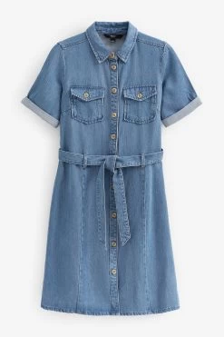 Next Mid Blue Utility Detail TENCEL™ Tie Waist Mini Dress -Fashion Women C07 251s5
