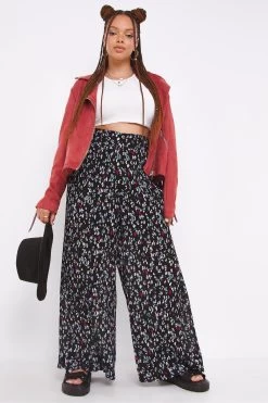 Simply Be Animal Print Plisse Pleated Wide Leg Trousers -Fashion Women C14267s3