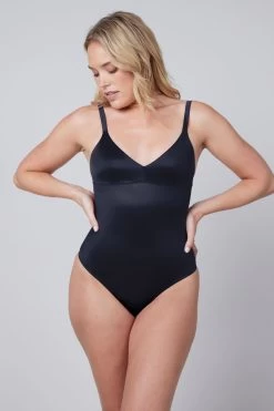 SPANX Shaping Satin Tummy Control Black Thong Bodysuit