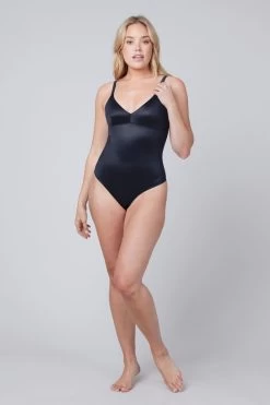 SPANX Shaping Satin Tummy Control Black Thong Bodysuit -Fashion Women C16323s3