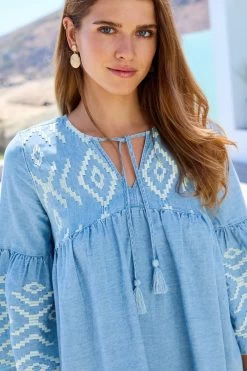 Next Blue V-Neck Embroided Denim Mini Dress -Fashion Women C34 225s4