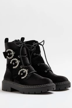 River Island Black Jewel Lace Up Ankle Boots -Fashion Women C46357s2