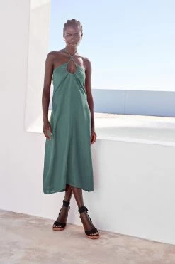 Next 100% Linen Ruched Halter Midi Dress