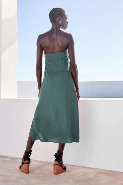 Next 100% Linen Ruched Halter Midi Dress -Fashion Women C66 686s3