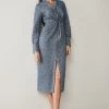 Next Blue Chambray Linen Blend Twist Front Collared Midi Dress -Fashion Women C68553s